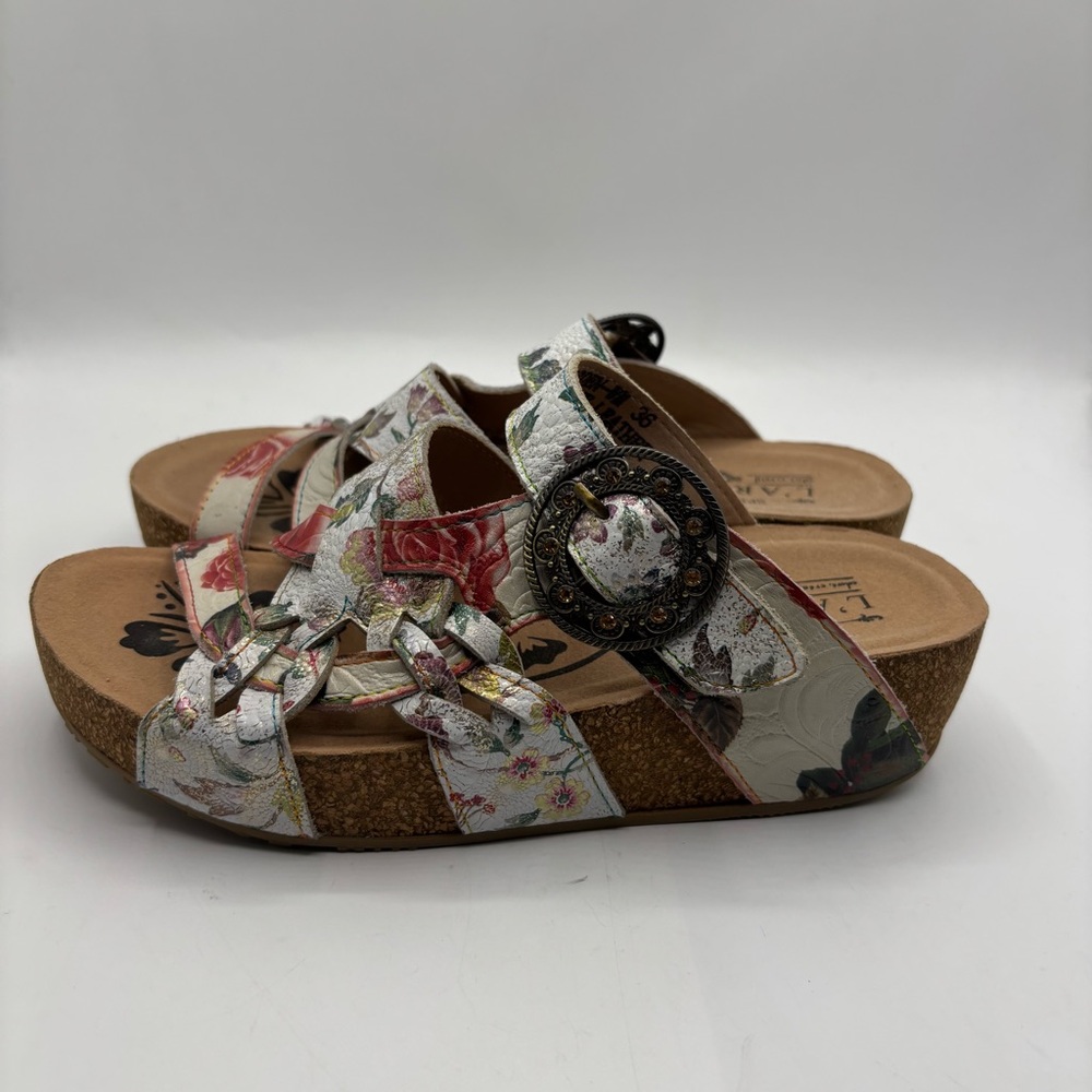 Spring Step L’Artiste Cream Floral Cork Wedge Mules with Embellishments